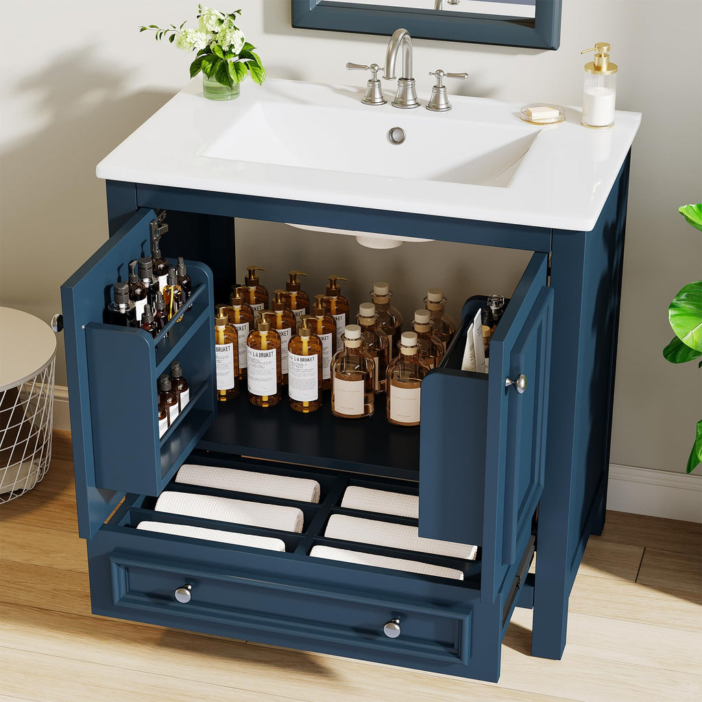 Tribesigns 30" Bathroom Vanity with Sink, Freestanding Bathroom Vanities Cabinet with Ceramic Basin Combo, Bathroom Sink Cabinet with 2 Doors and 1 Drawer, Solid Wooden Frame (Navy Blue, 30 INCH)