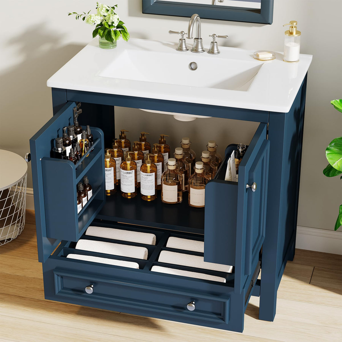 Tribesigns 30" Bathroom Vanity with Sink, Freestanding Bathroom Vanities Cabinet with Ceramic Basin Combo, Bathroom Sink Cabinet with 2 Doors and 1 Drawer, Solid Wooden Frame (Navy Blue, 30 INCH)