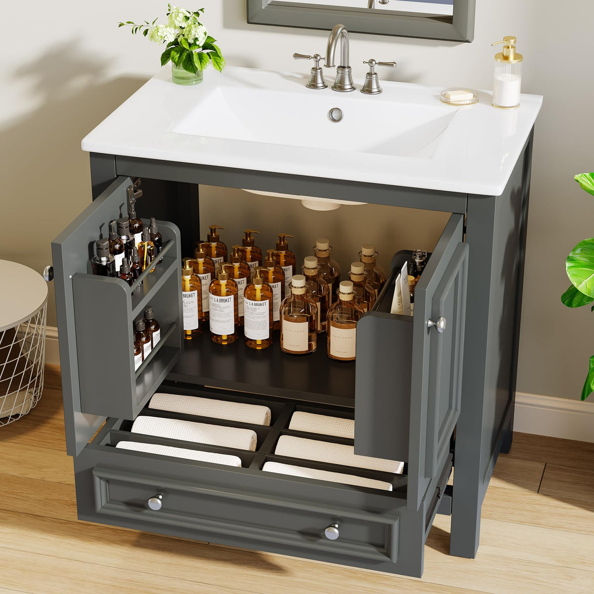 Tribesigns 30" Bathroom Vanity with Sink, Freestanding Bathroom Vanities Cabinet with Ceramic Basin Combo, Bathroom Sink Cabinet with 2 Doors and 1 Drawer, Solid Wooden Frame (Navy Blue, 30 INCH)