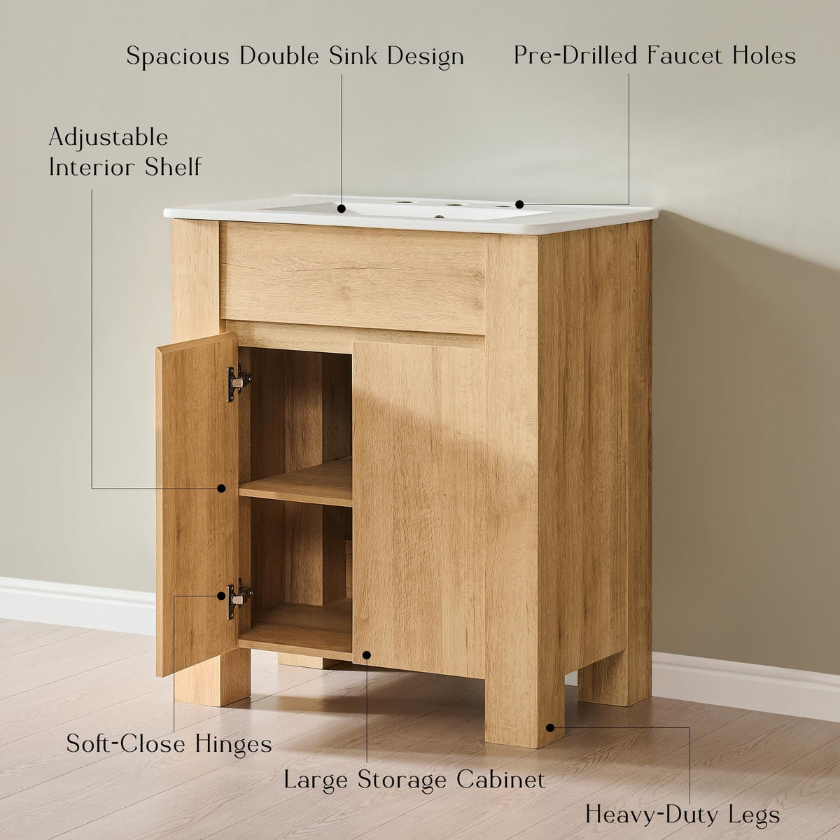 T4TREAM 47.6 Inch Modern Bathroom Vanity with Double Sink, Natural Oak
