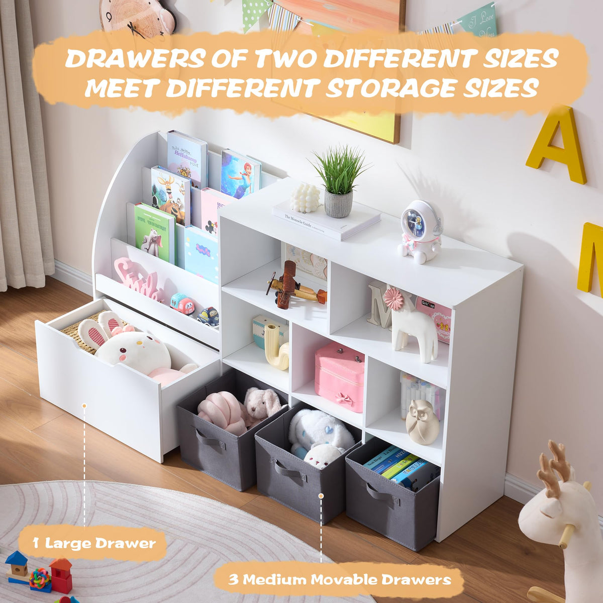 Fatmok Kids Bookshelf and Toy Storage, 2 Pack 58.5ââ Toy Organizer with Movable Chests & 3 Storage Bins, Large Kids Reading Nook with 5 Cubbies for Playroom, Bedroom, Nursery, White