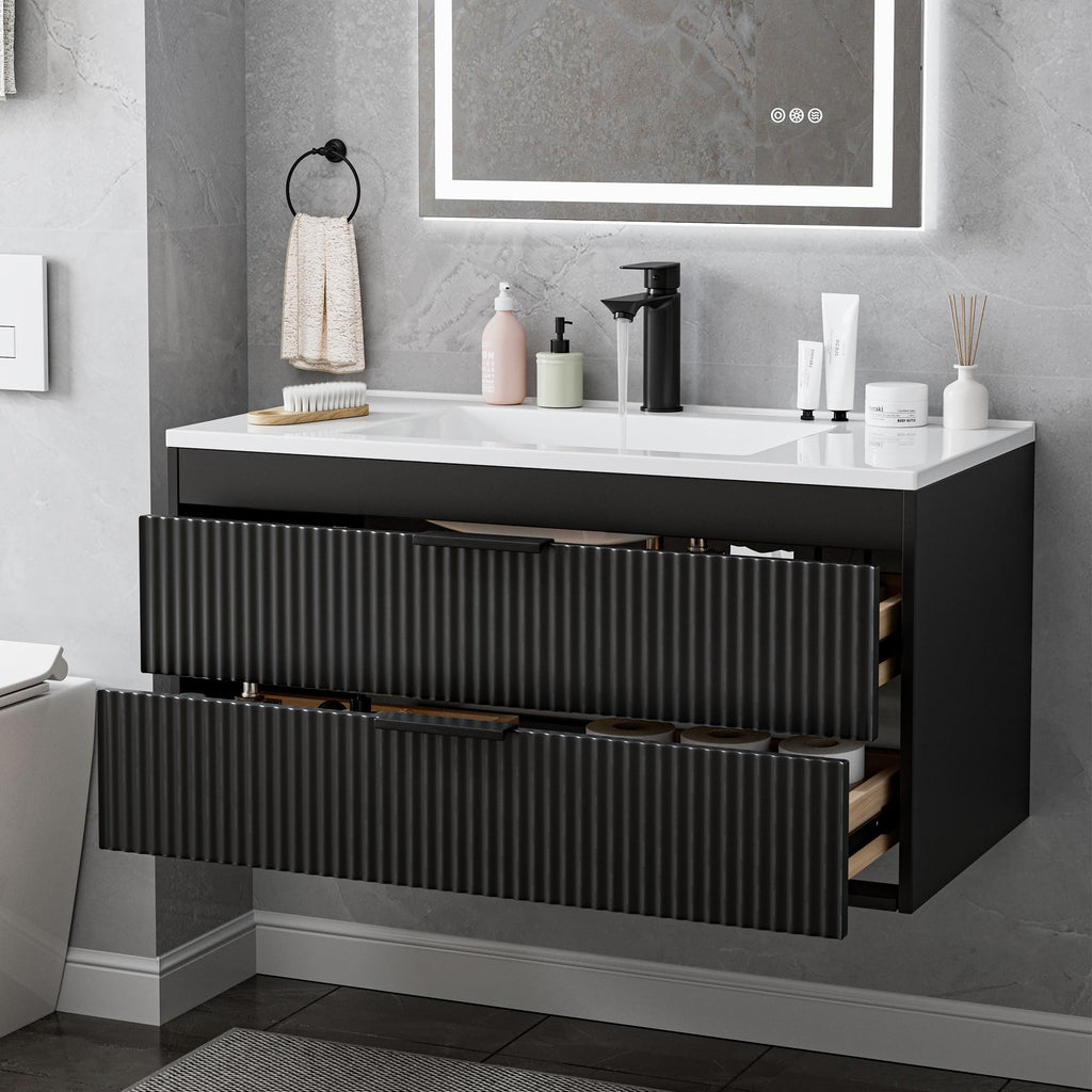 24 Inches Modern MDF Bathroom Vanity with Sink, Wall Mounted Floating Cabinets w/Double Drawers, Black Handles, White Resin Sink Combo Set (Black, 24")