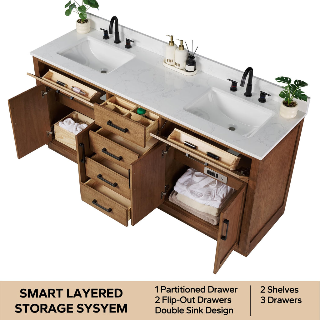 48-inch Dark Walnut Bathroom Vanity with Sink, Solid Wood, 0.79-inch Stone Countertop and Backsplash, 9 Drawers, 2 Soft Closing Doors