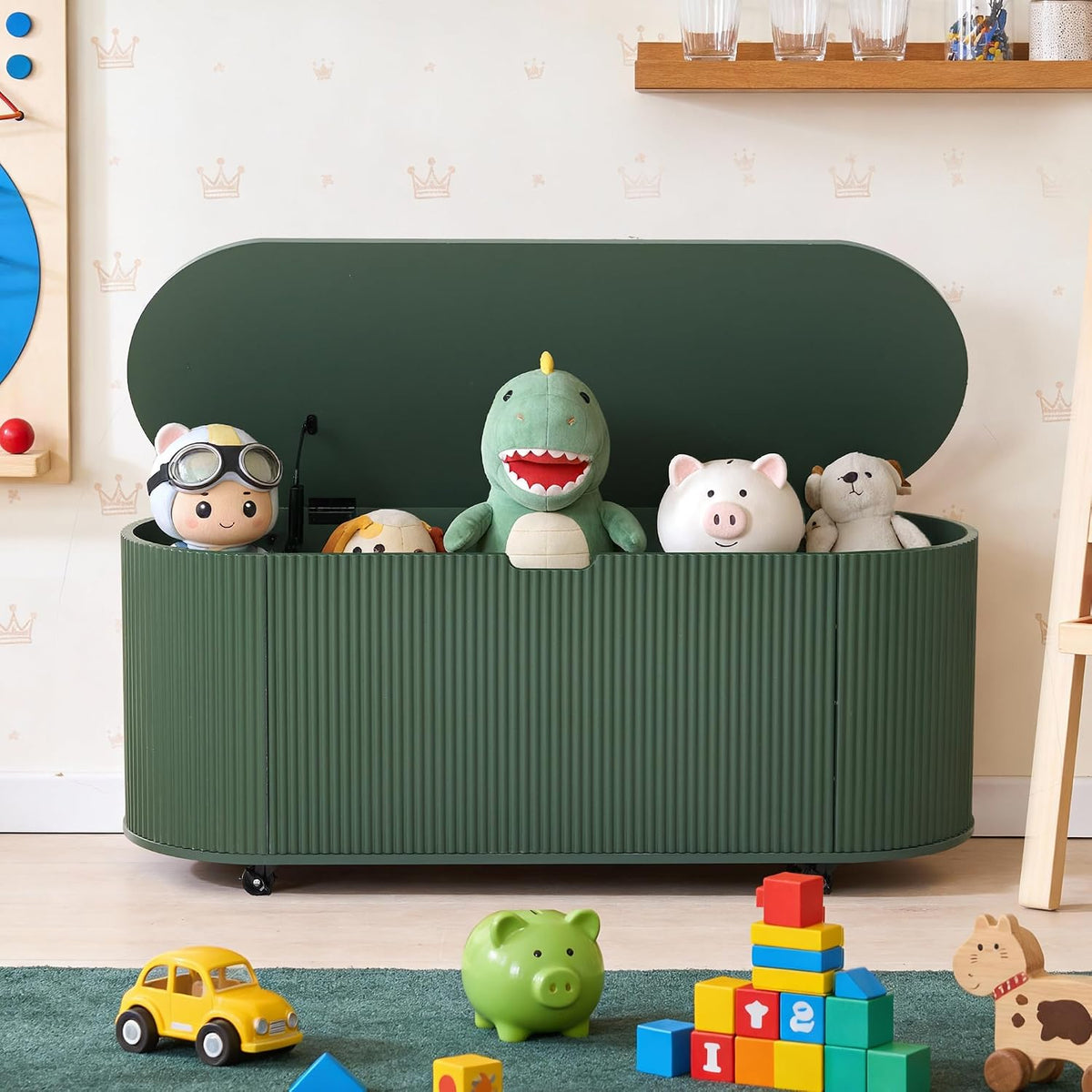 RARZOE 43.3" Fluted Storage Chest, Oval Storage Bench with 4 Wheels,(Green)