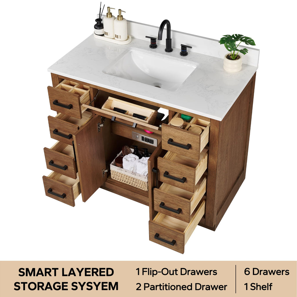 48-inch Dark Walnut Bathroom Vanity with Sink, Solid Wood, 0.79-inch Stone Countertop and Backsplash, 9 Drawers, 2 Soft Closing Doors