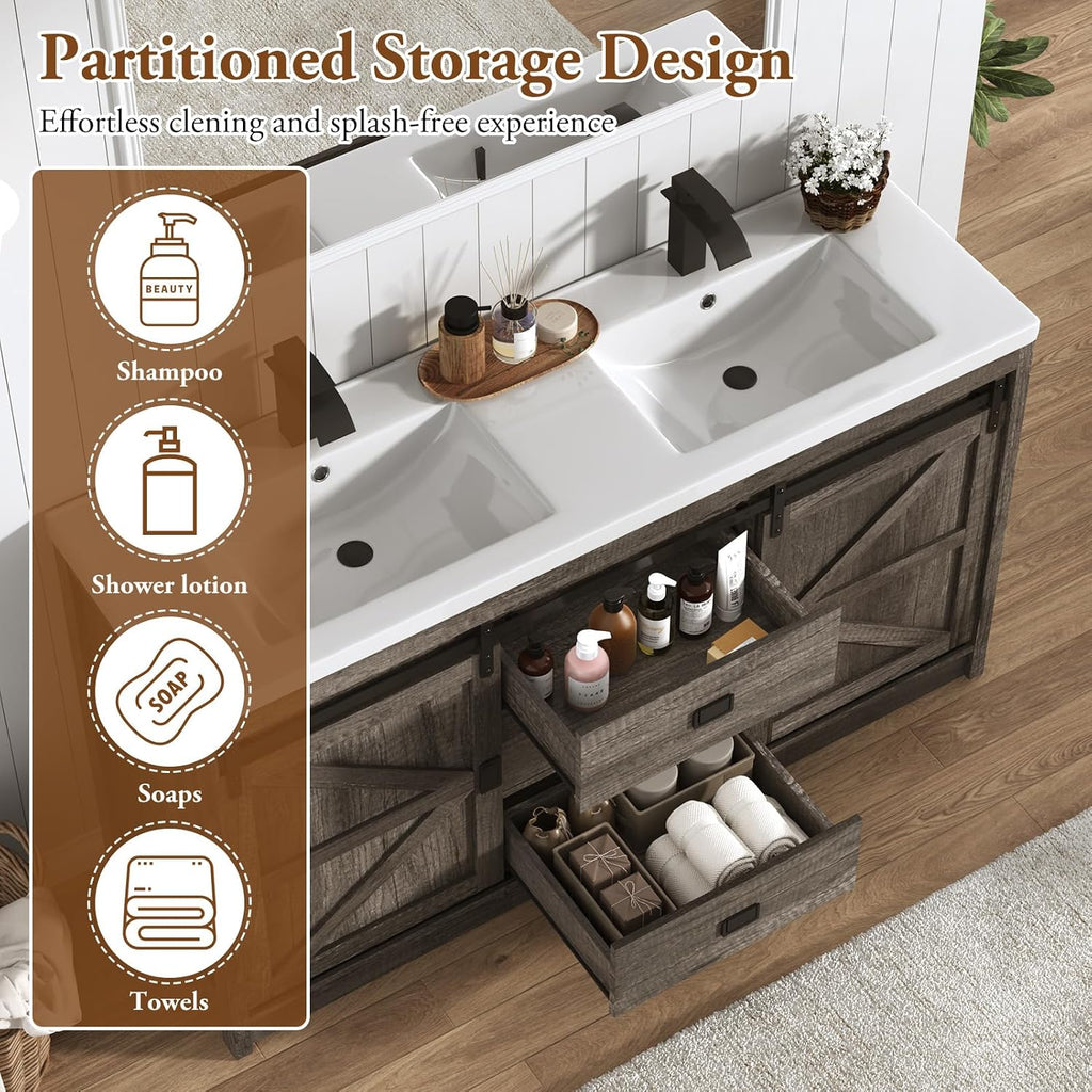 Double Bathroom Vanity with Sink & Faucet & Sewer Pipes,59" Farmhouse Bathroom Vanity Cabinet Set with 3 Storage Drawers & Sliding Barn Door,Double Sink Vanities With Metal Handle(Rustic Grey)