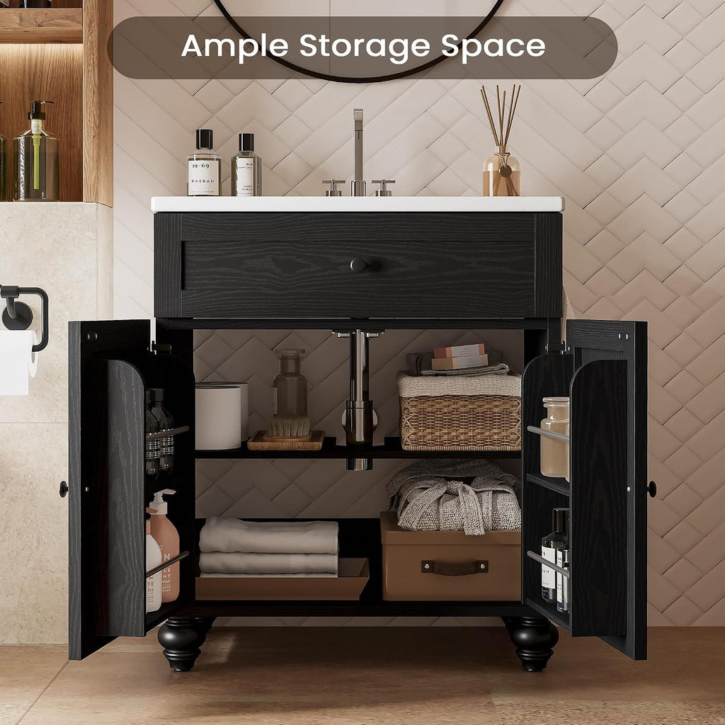 30 Inch Bathroom Vanity with Sink Easy-to-Install 30" Bathroom Vanity 2-Tier Large Storage Areas with Adjustable Shelves 4-Tier Storage Compartments Tip-out Drawer 2 Hooks Solid Wood Legs Black