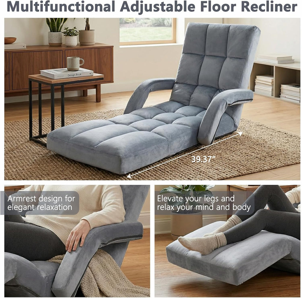Velvet Adjustable Floor Gaming Chair with 14-Positions, Folding Floor Chair with Back Support, Indoor Floor Chairs with Armrest for Living Room, Bedroom, Balcony, Grey