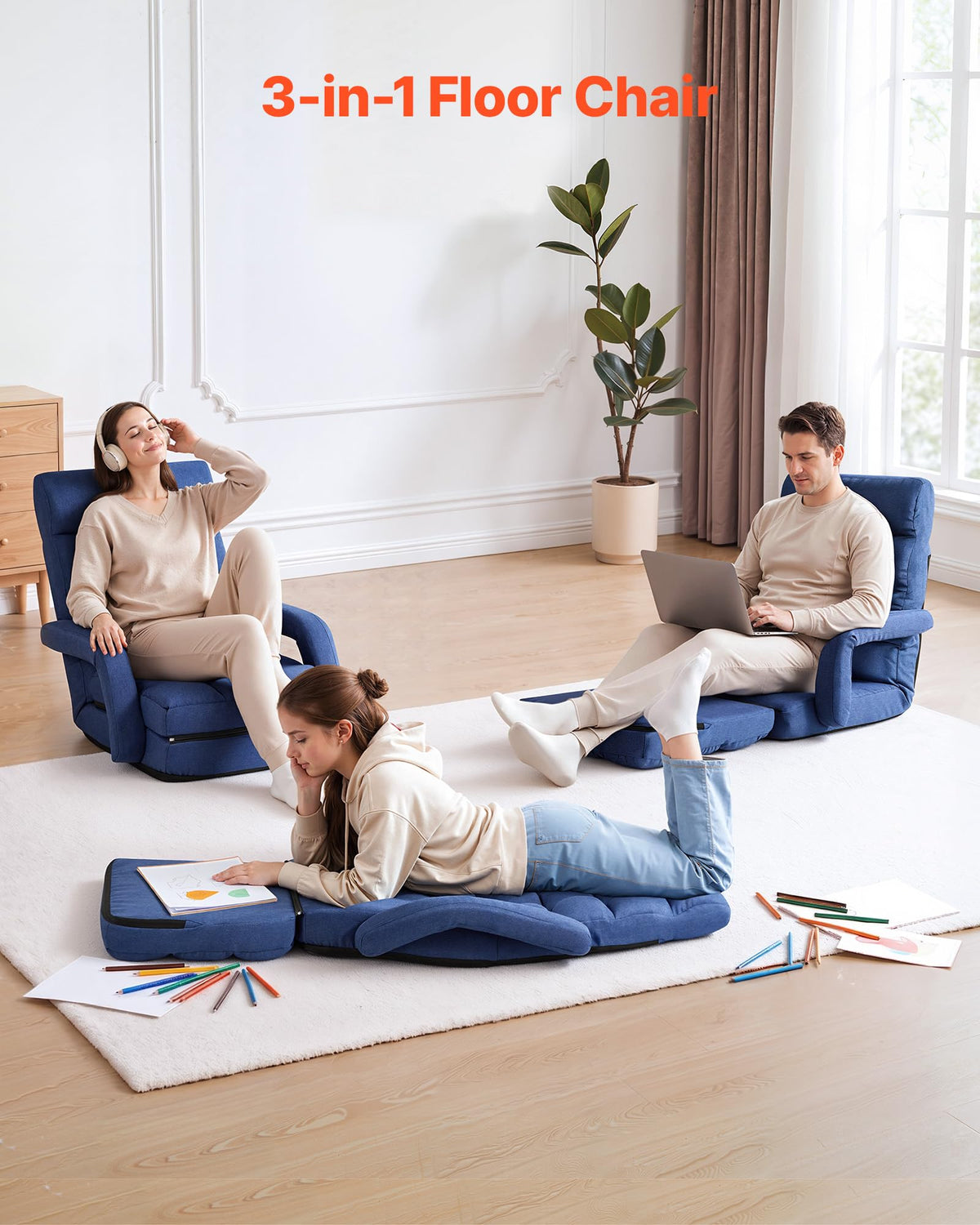 VEVOR Floor Chair, Floor Gaming Chair with 5 Adjustable Position and Back Support, Folding Lounge Chair with Armrest for Adults, Sofa Lounger with Comfy Cushion for Living Room and Bedroom, Gray