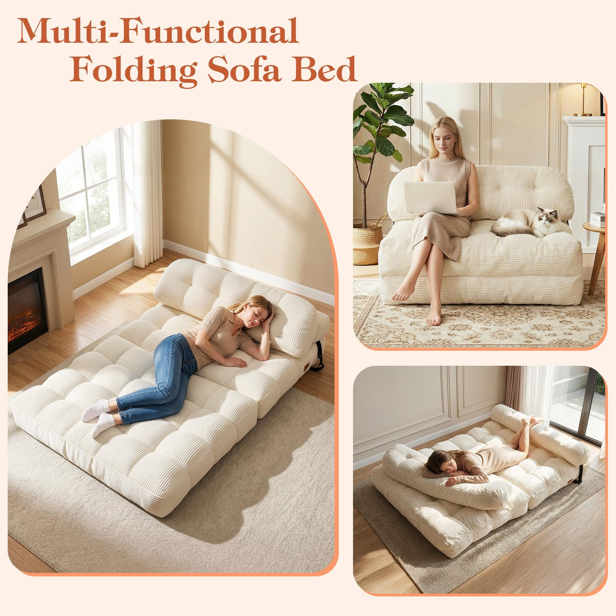 Folding Sofa Bed, Convertible Sleeper Chair with Back Support and Pillow