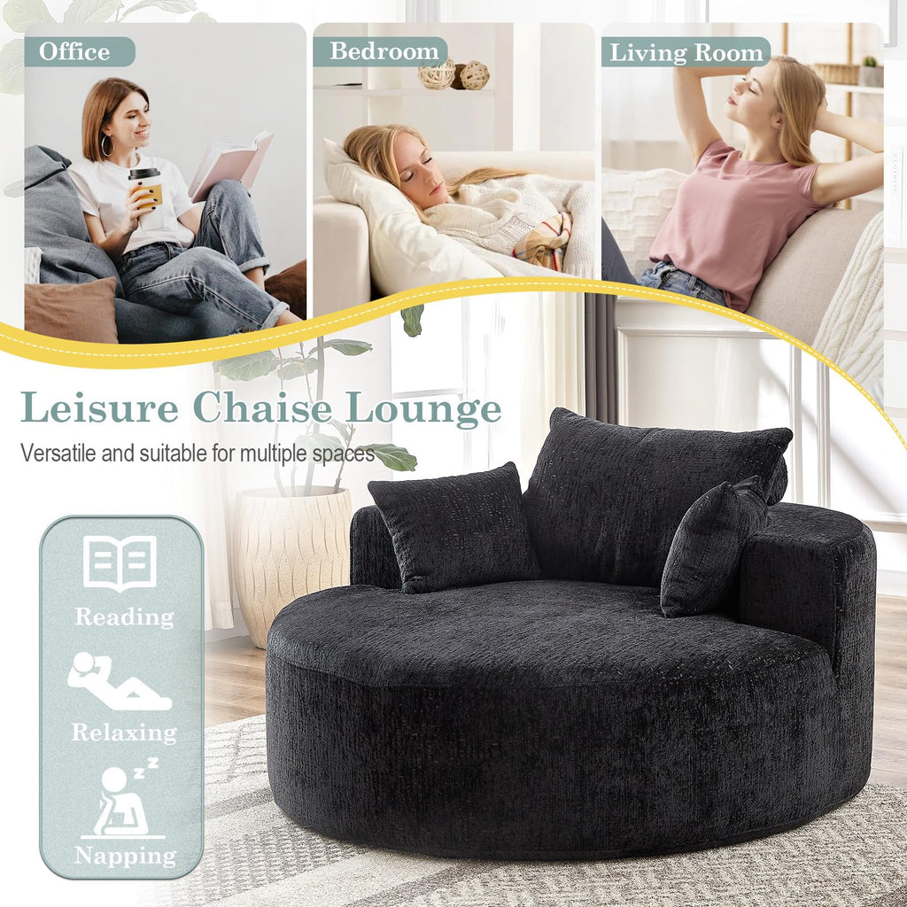 Oversized Round Chaise Longue Chair Indoor, Modern 55-inch Upholstered Corduroy Deep Seat Circle Single Cloud Lounge Floor Sofa Chair for Living Room, Bedroom Apartment, Beige