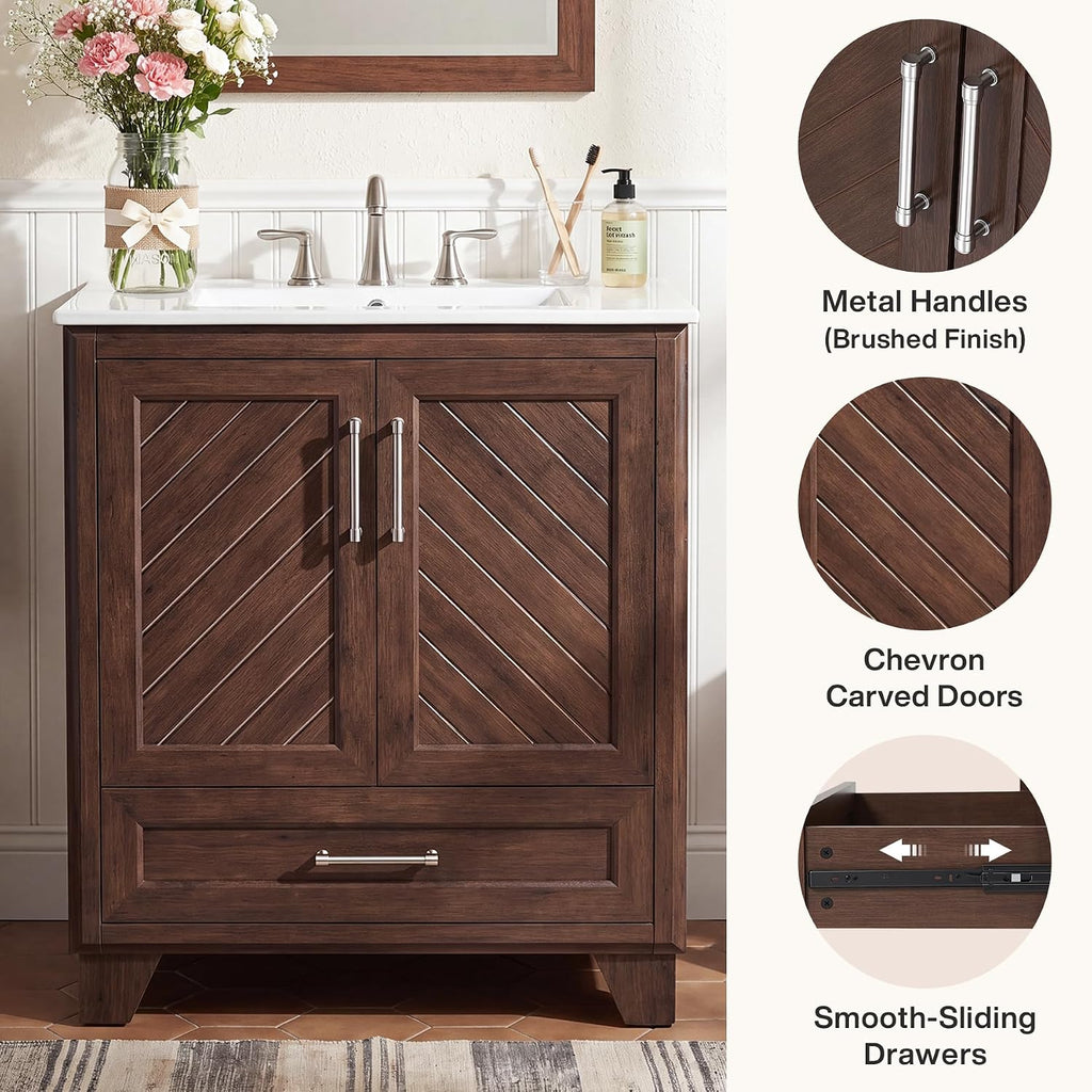 Tribesigns 30 Inch Bathroom Vanity with Sink, Water-Resistant Door, Walnut