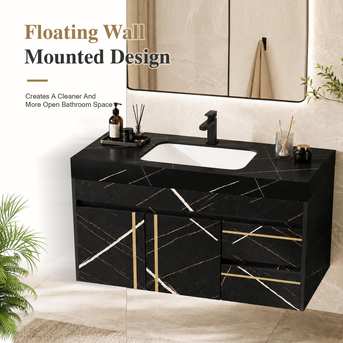 36 Inch Bathroom Vanity with Sink, Black Floating Wall Mounted Vanity