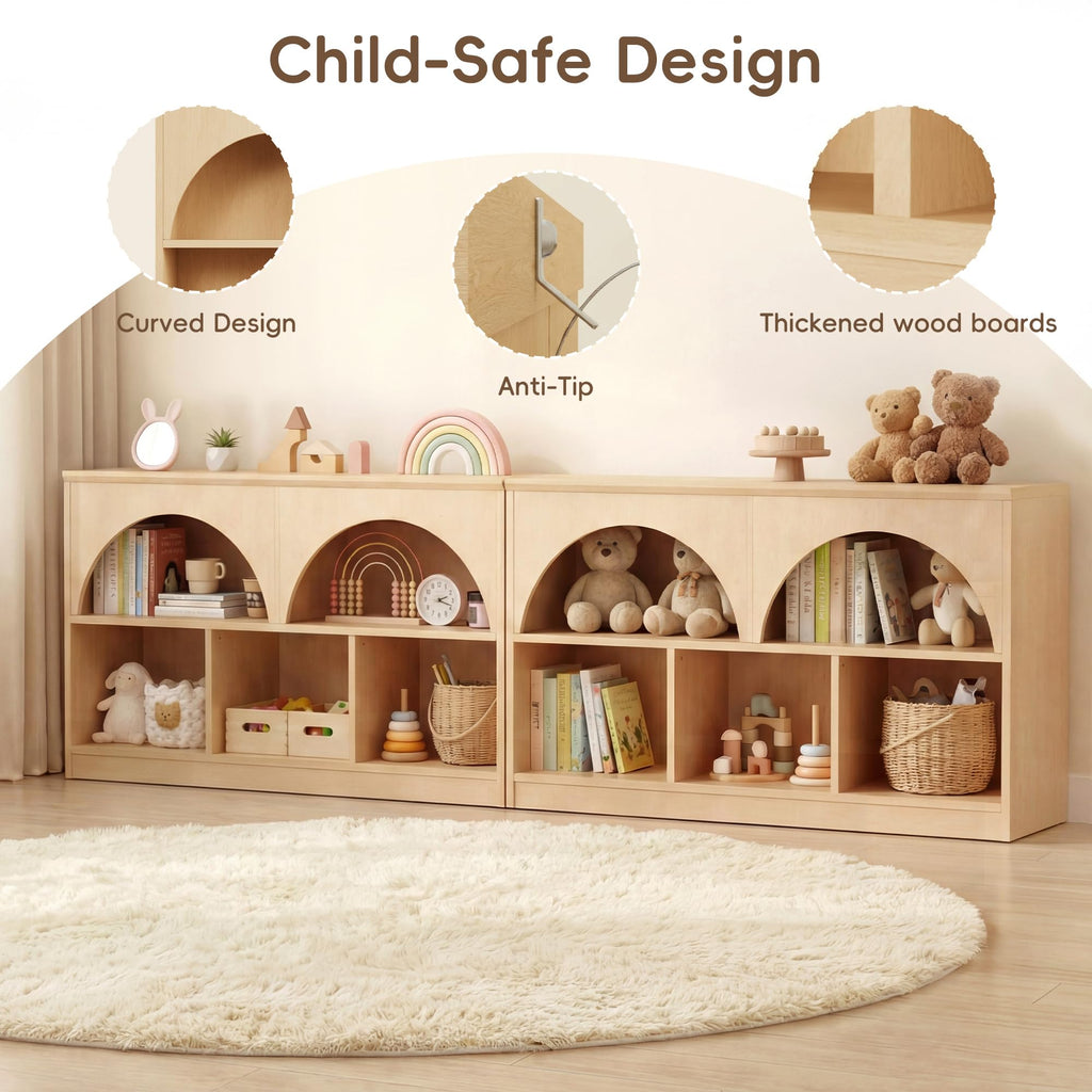 Fatmok Kids Bookshelf and Toy Storage, 2 Pack 58.5ââ Toy Organizer with Movable Chests & 3 Storage Bins, Large Kids Reading Nook with 5 Cubbies for Playroom, Bedroom, Nursery, White