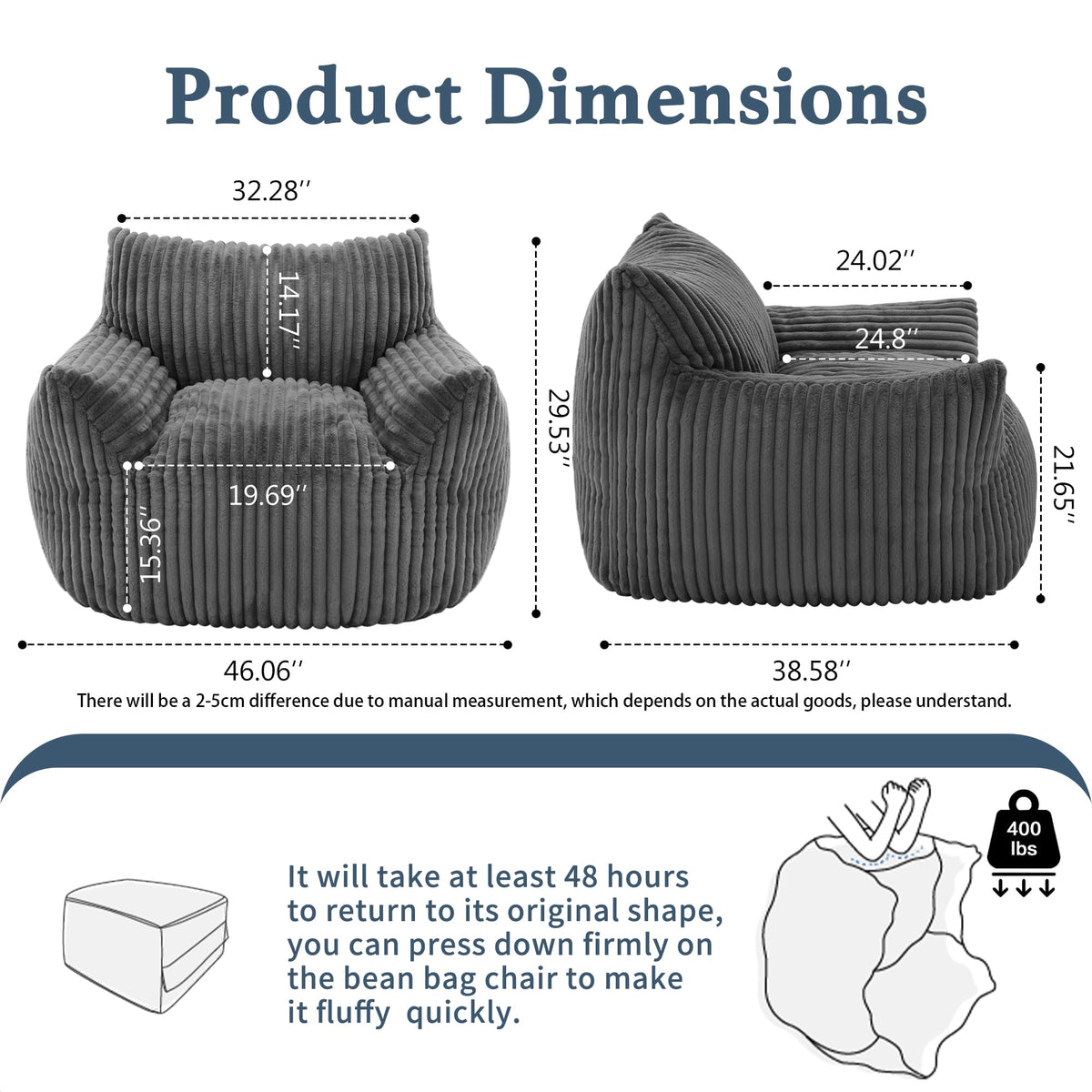 3-in-1 Giant Bean Bag Chair for Adults & Kids, Convertible Floor Sofa to Mattress, Memory Foam Beanbag Chair with Washable Cover, Multi Functional Lounge Couch for Bedroom, Living Room (Dark Grey)