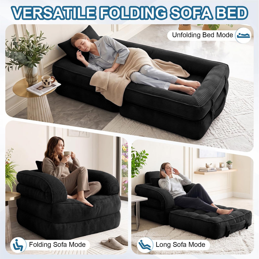 Folding Sofa Bed, Convertible Sleeper Chair with Armrests, Corduroy Foldable Boneless Bed, 3-in-1 Portable Futon Couch Floor Sofa with Pillow for Bedroom, Living Room, Orange