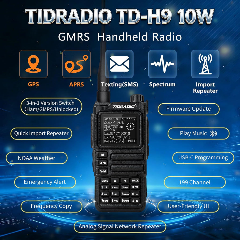 TIDRADIO TD-H9 10W GPS/APRS GMRS Handheld Radio, APP/Web Programming, Bluetoth, Noise Reduction, Repeater Capable, Spectrum Analysis, Compass, Air Band, NOAA, Long Range Walkie Talkies for Off-Roading