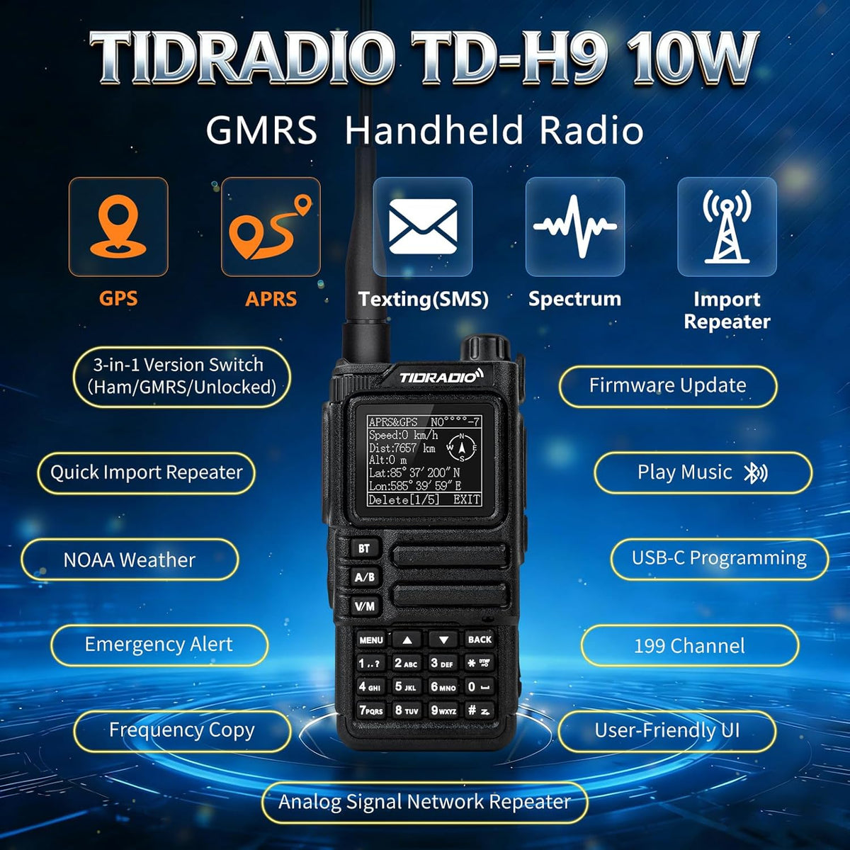 TIDRADIO TD-H9 10W GPS/APRS GMRS Handheld Radio, APP/Web Programming, Bluetoth, Noise Reduction, Repeater Capable, Spectrum Analysis, Compass, Air Band, NOAA, Long Range Walkie Talkies for Off-Roading