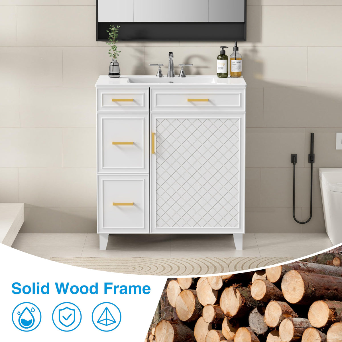 30" Bathroom Vanity with Sink, Solid Wood Frame Modern with Charging Station, Bathroom Single Sink Cabinet with 2 Drawers and 1 Doors, Gold Metal Handles, Black