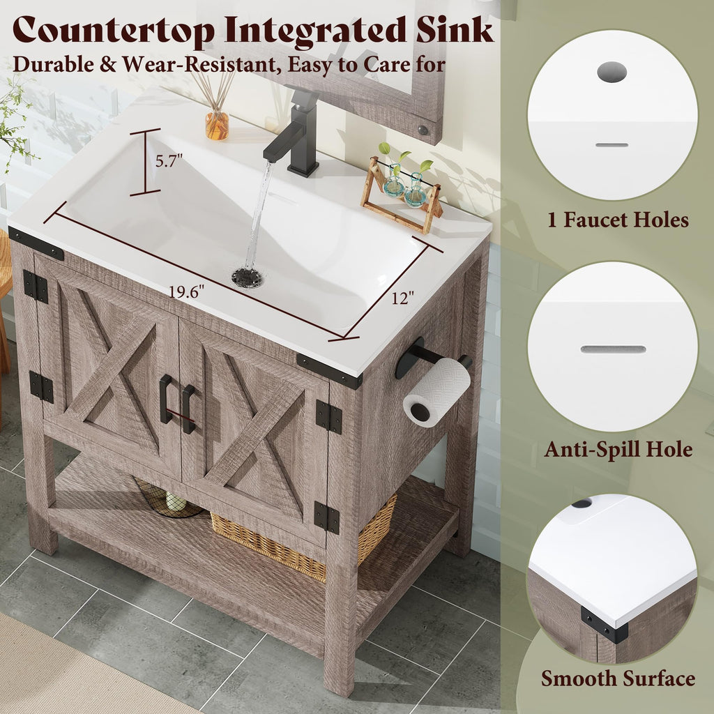AMERLIFE 48" White Farmhouse Sink Bathroom Vanity, Solid White Top