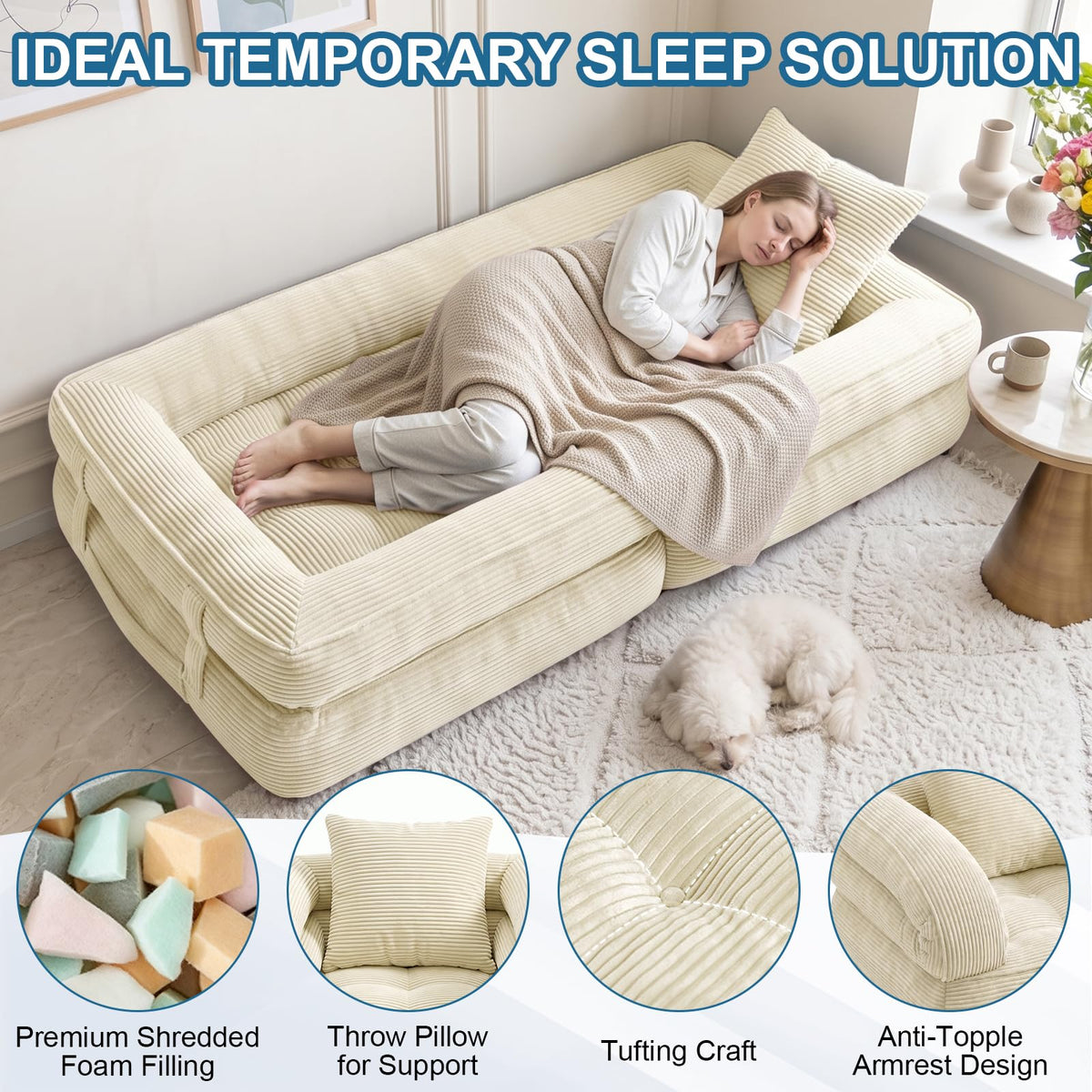 Folding Sofa Bed, Convertible Sleeper Chair with Armrests, Corduroy Foldable Boneless Bed, 3-in-1 Portable Futon Couch Floor Sofa with Pillow for Bedroom, Living Room, Orange