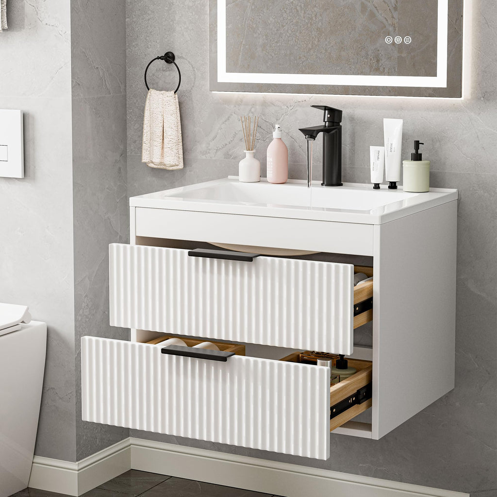 24 Inches Modern MDF Bathroom Vanity with Sink, Wall Mounted Floating Cabinets w/Double Drawers, Black Handles, White Resin Sink Combo Set (Black, 24")