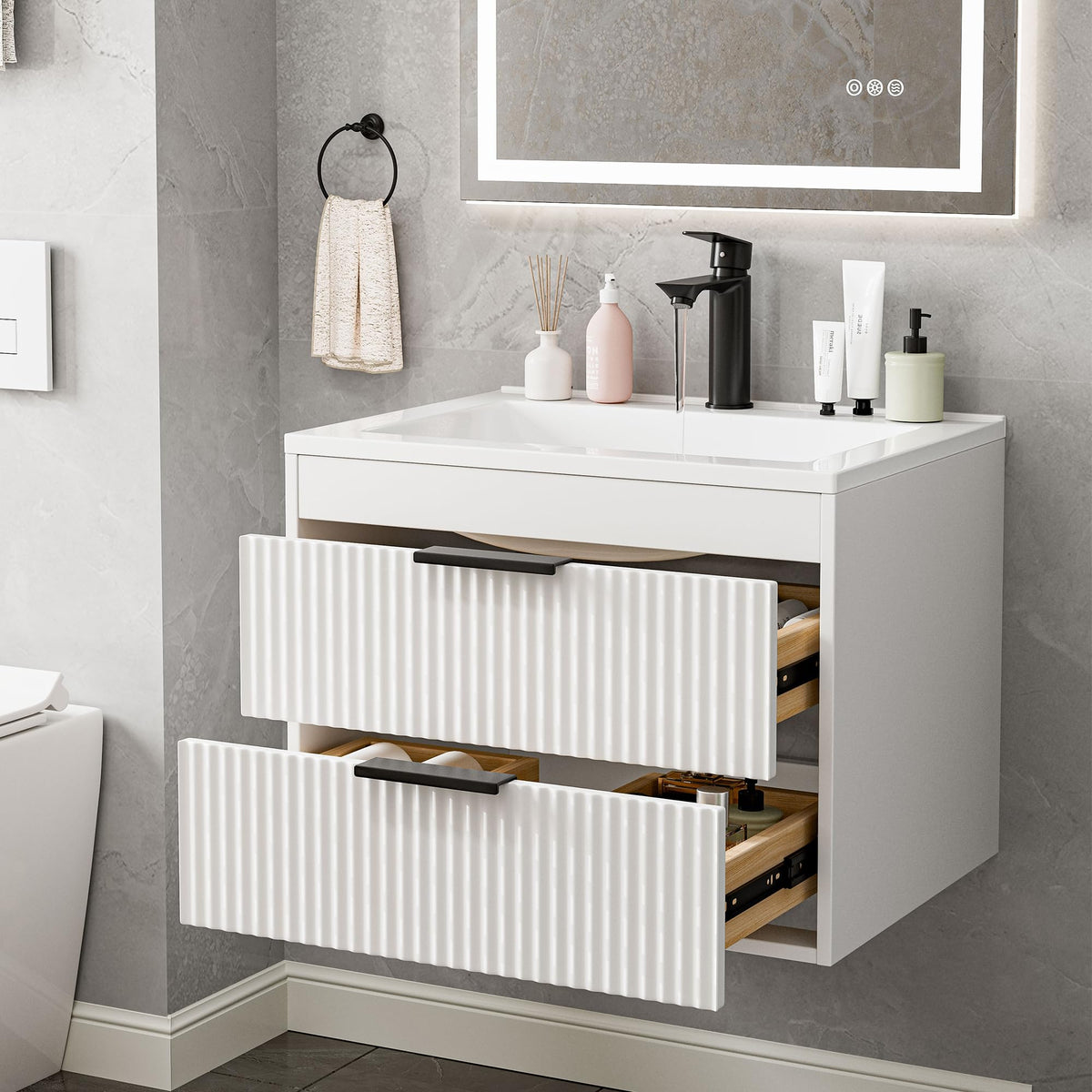 24 Inches Modern MDF Bathroom Vanity with Sink, Wall Mounted Floating Cabinets w/Double Drawers, Black Handles, White Resin Sink Combo Set (Black, 24")