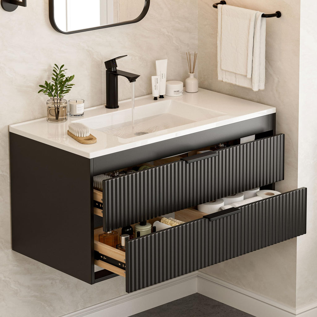 24 Inches Modern MDF Bathroom Vanity with Sink, Wall Mounted Floating Cabinets w/Double Drawers, Black Handles, White Resin Sink Combo Set (Black, 24")