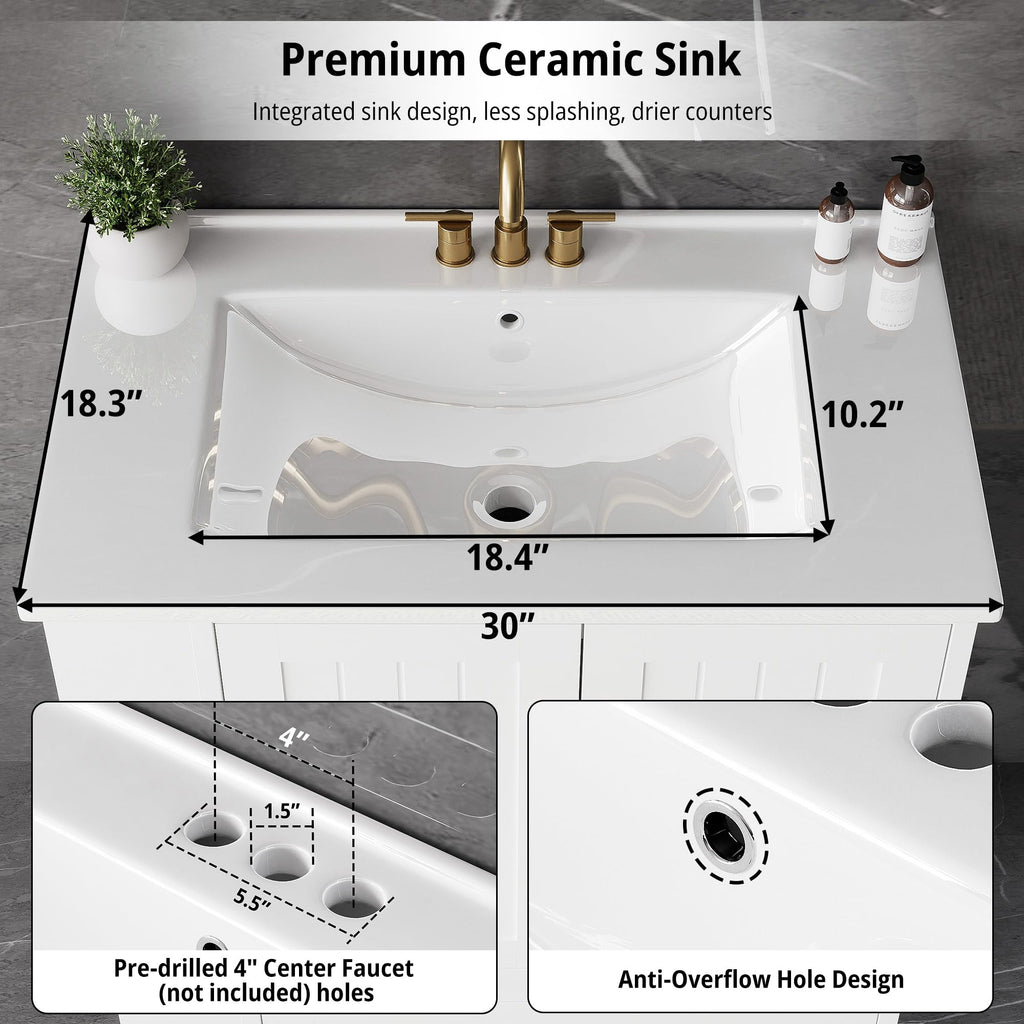 IRONCK Bathroom Vanity with Ceramic Sink, 30" Bathroom Cabinet, Black
