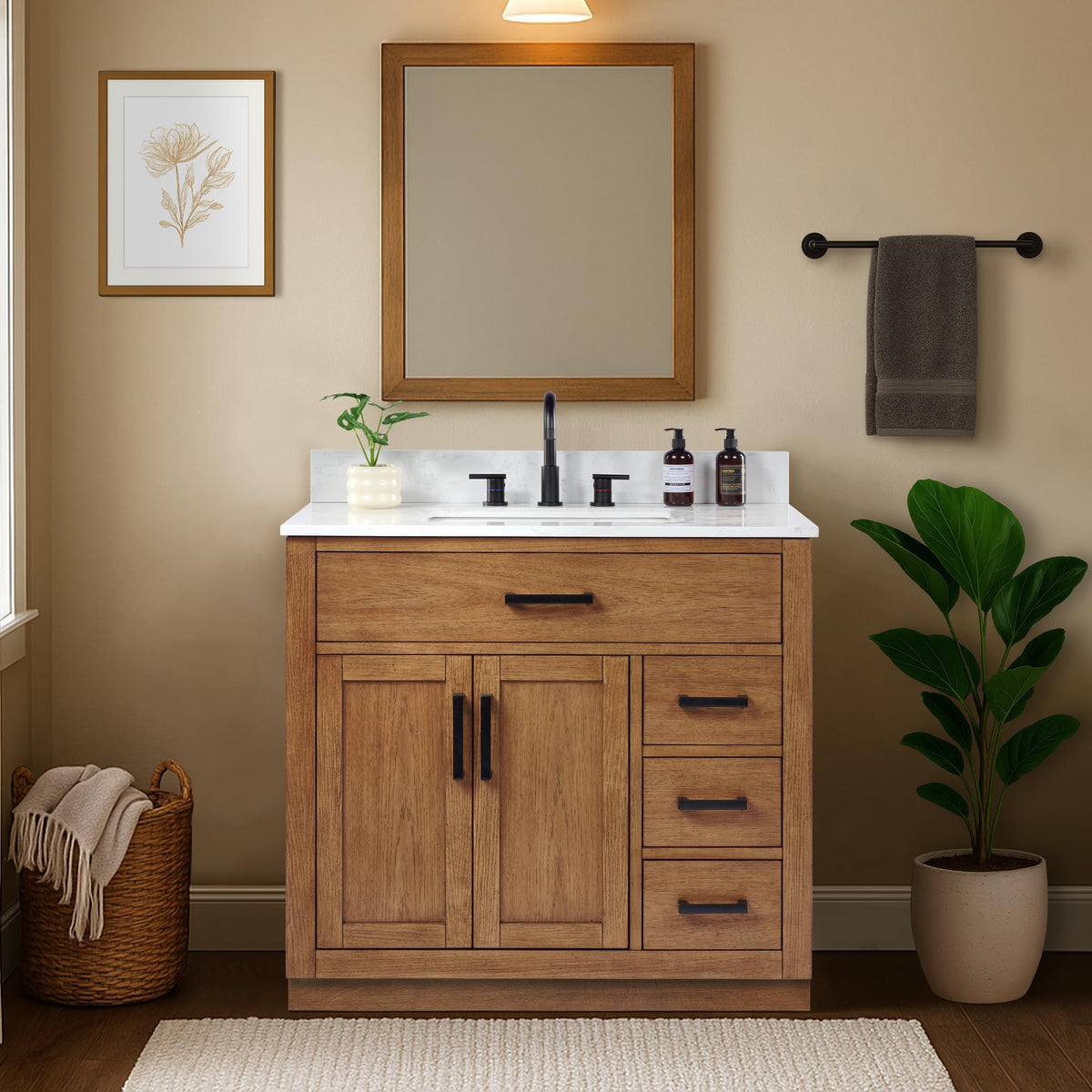 48-inch Dark Walnut Bathroom Vanity with Sink, Solid Wood, 0.79-inch Stone Countertop and Backsplash, 9 Drawers, 2 Soft Closing Doors