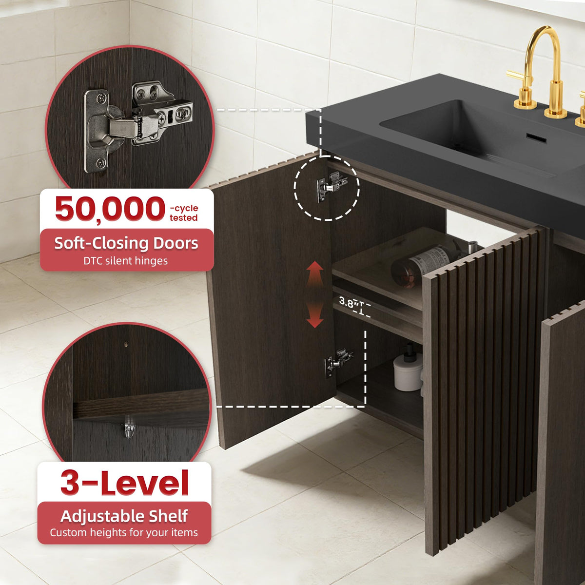 36â Modern Bathroom Vanity with Black Sink, Smoked Brown