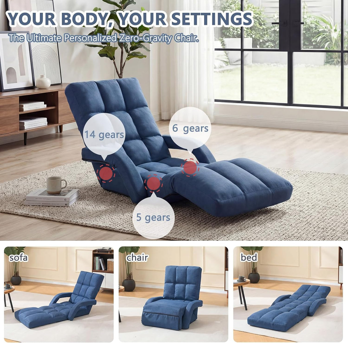 Adjustable Floor Gaming Chair with Footrest, 14-Position Backrest