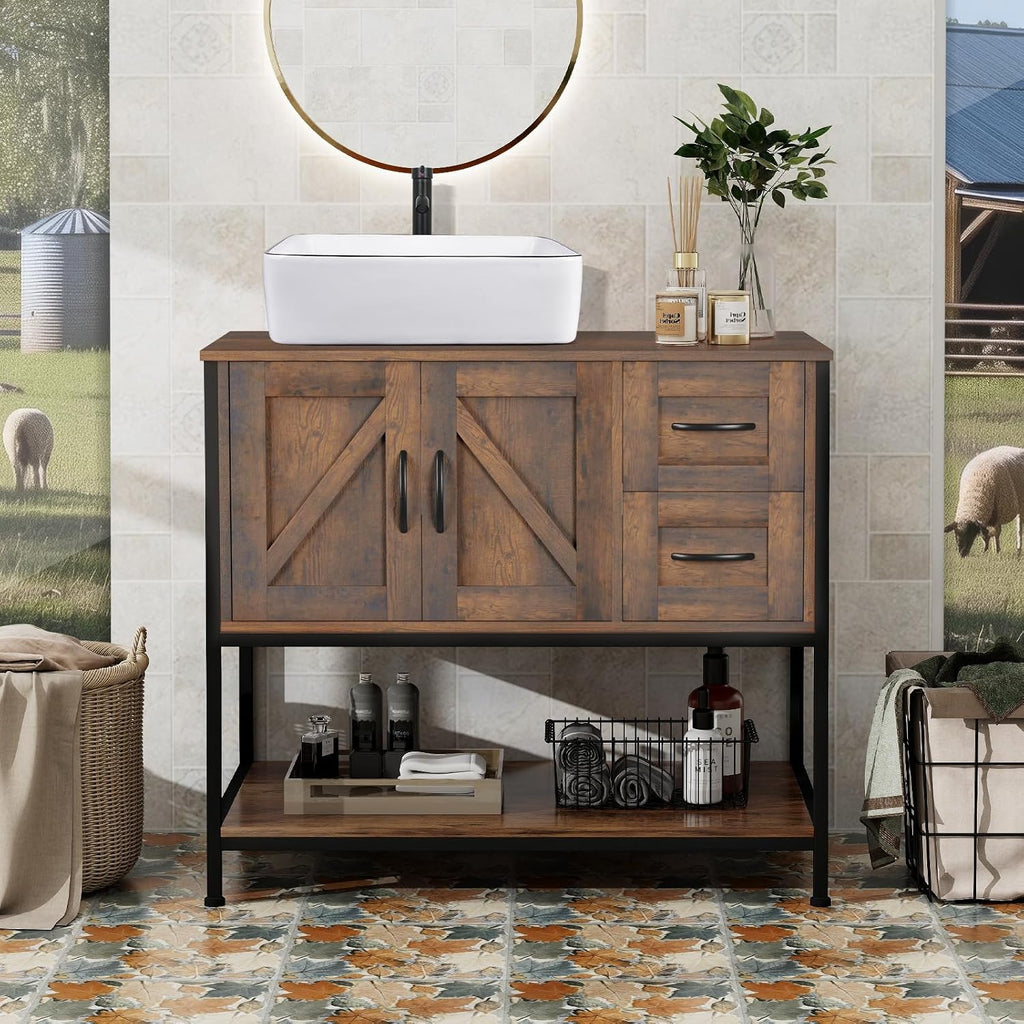 YOURLITE 36-Inch Farmhouse Bathroom Vanity with Vessel Sink, Rustic Brown