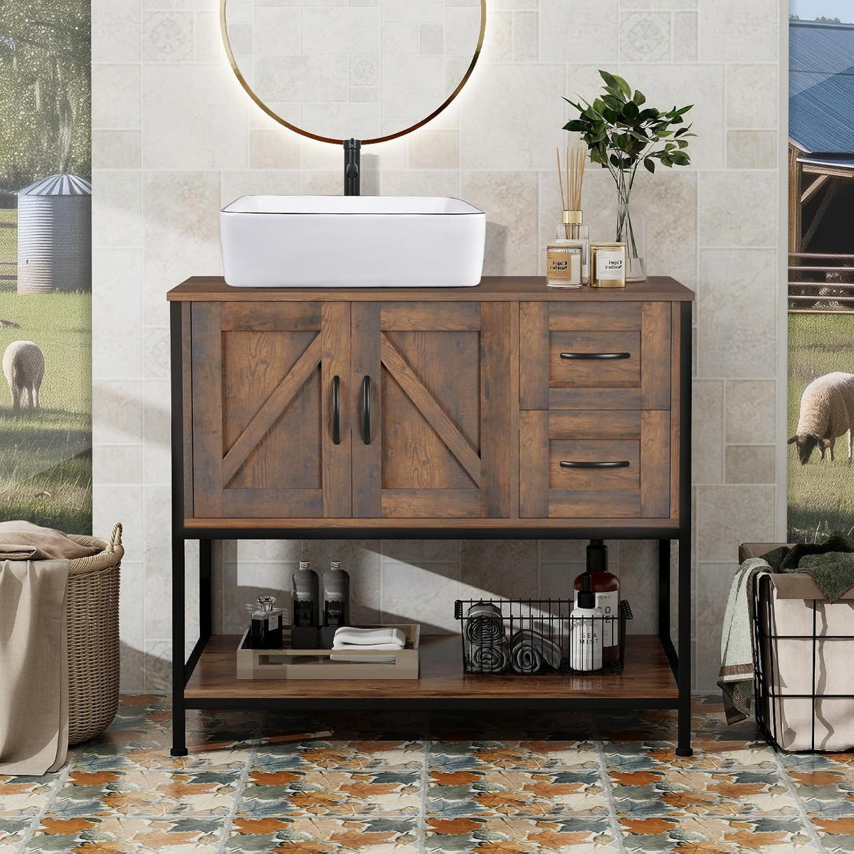 YOURLITE 36-Inch Farmhouse Bathroom Vanity with Vessel Sink, Rustic Brown