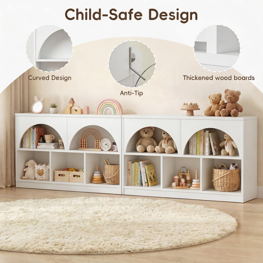 Fatmok Kids Bookshelf and Toy Storage, 2 Pack 58.5ââ Toy Organizer with Movable Chests & 3 Storage Bins, Large Kids Reading Nook with 5 Cubbies for Playroom, Bedroom, Nursery, White
