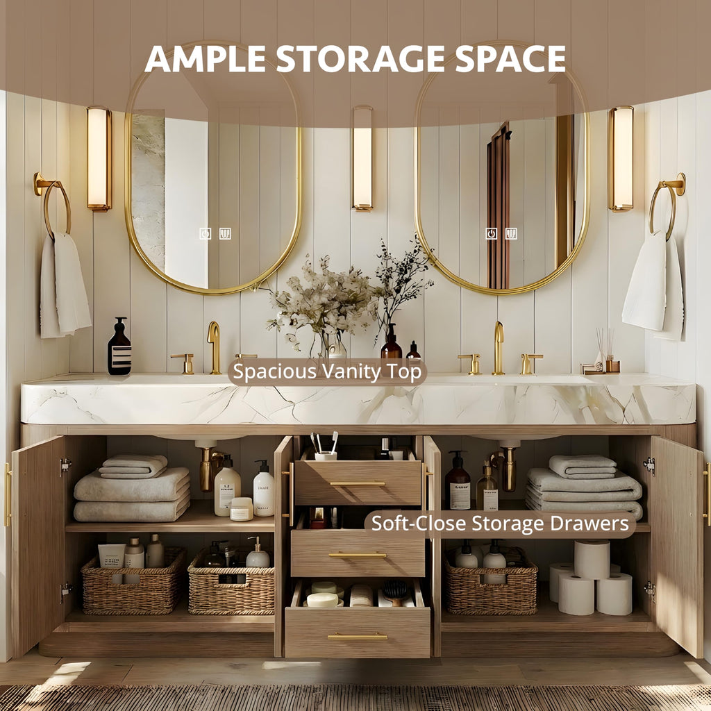 68 Inch Bathroom Vanity with Double Sink, Light Walnut