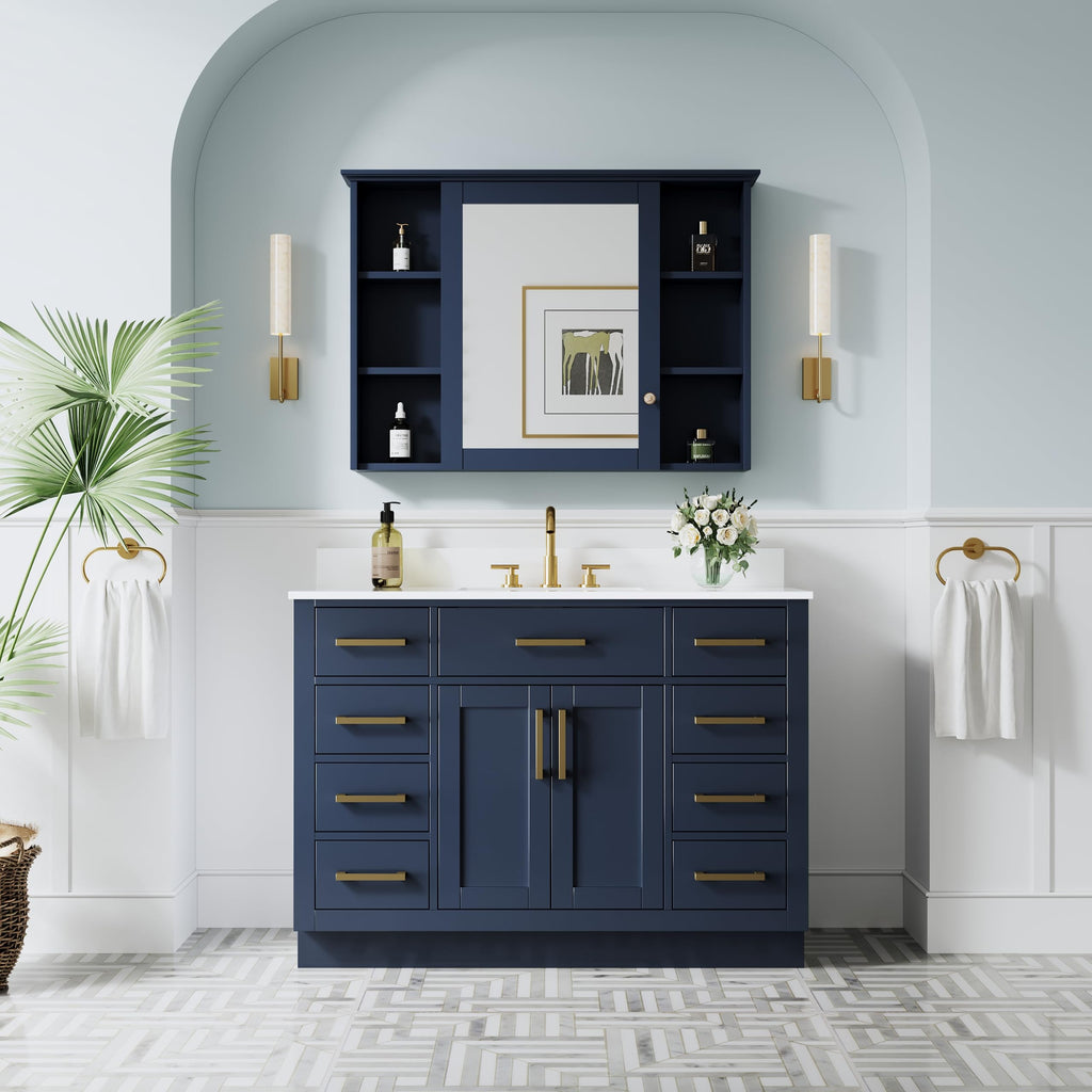 WELLFOR 36-Inch Bathroom Vanity with Sink W/ 2 Doors & 4 Drawers & 1 Flip Drawer,Navy Blue Vanity W/Matte Black Handles