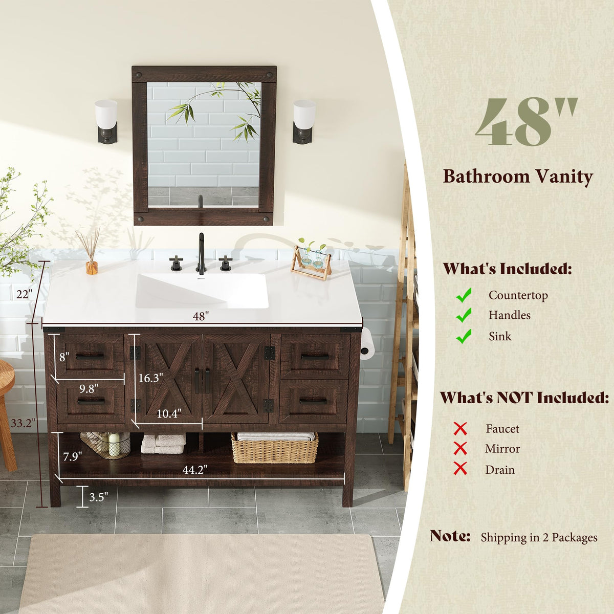 AMERLIFE 48" White Farmhouse Sink Bathroom Vanity, Solid White Top