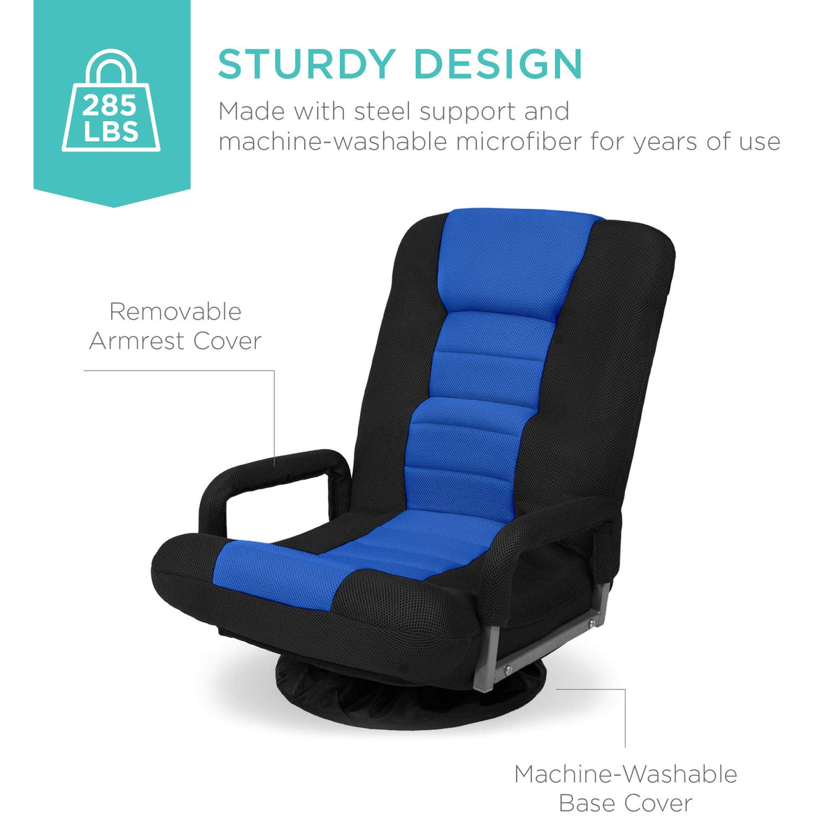 Best Choice Products Swivel Gaming Chair 360 Degree Multipurpose Floor Chair Rocker for TV, Reading, Playing Video Games w/Lumbar Support, Armrest Handles, Adjustable Foldable Backrest - Black/Black
