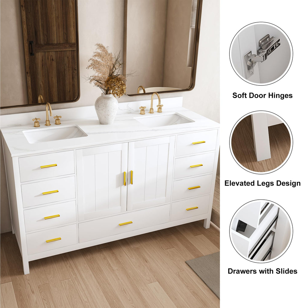 60" Bathroom Vanity Single Sink with 3 Hole, Sink Bathroom Vanity with Solid Wood Frame Storage,Soft Close Double Doors & 9 Sliding Drawers, with Gold Accents