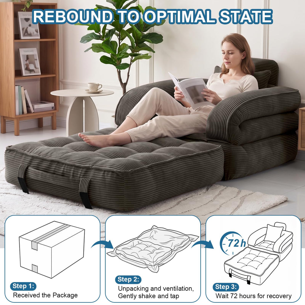 Folding Sofa Bed, Convertible Sleeper Chair with Armrests, Corduroy Foldable Boneless Bed, 3-in-1 Portable Futon Couch Floor Sofa with Pillow for Bedroom, Living Room, Orange