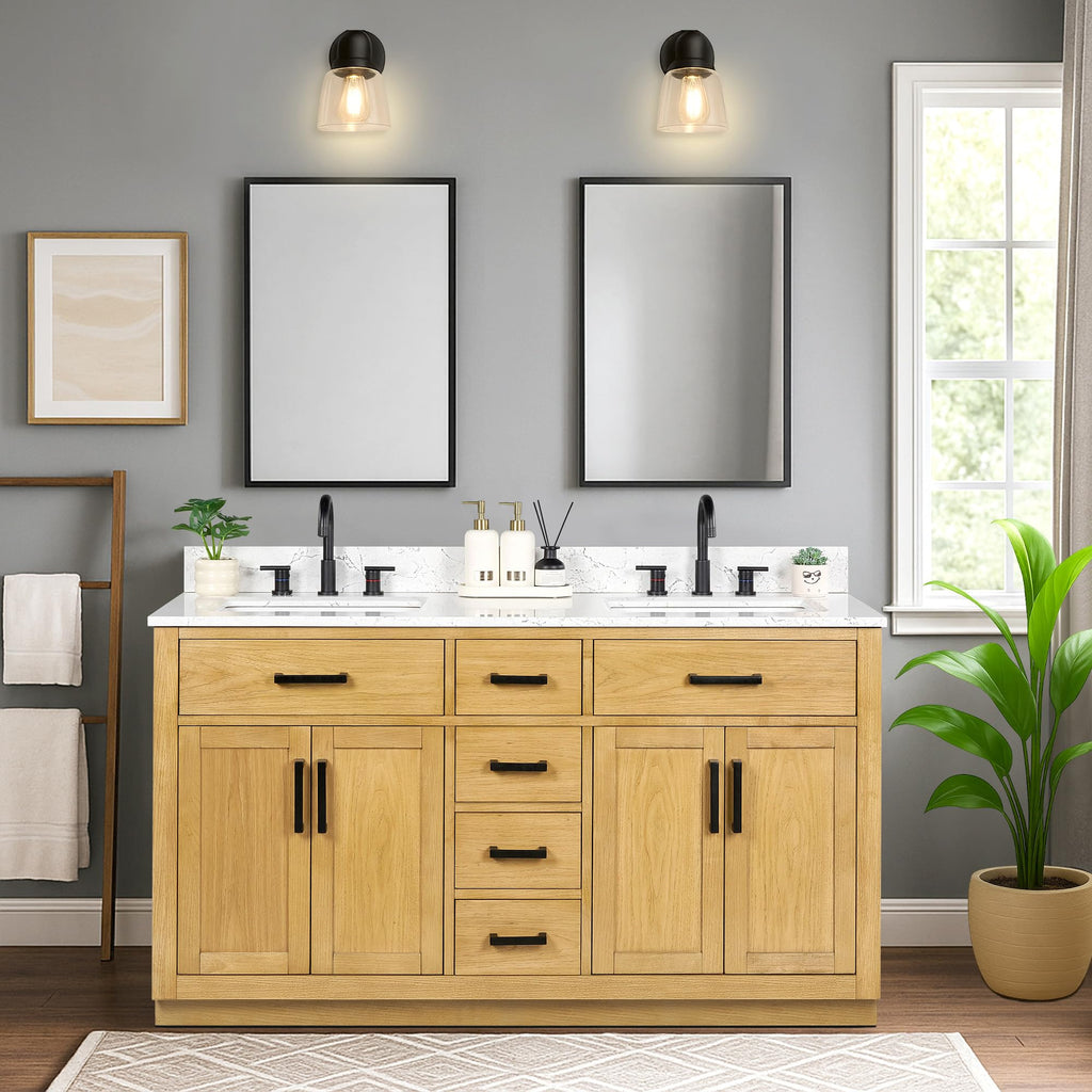48-inch Dark Walnut Bathroom Vanity with Sink, Solid Wood, 0.79-inch Stone Countertop and Backsplash, 9 Drawers, 2 Soft Closing Doors
