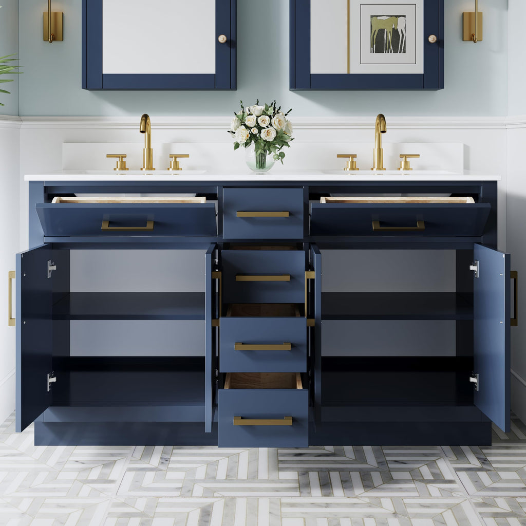 WELLFOR 36-Inch Bathroom Vanity with Sink W/ 2 Doors & 4 Drawers & 1 Flip Drawer,Navy Blue Vanity W/Matte Black Handles