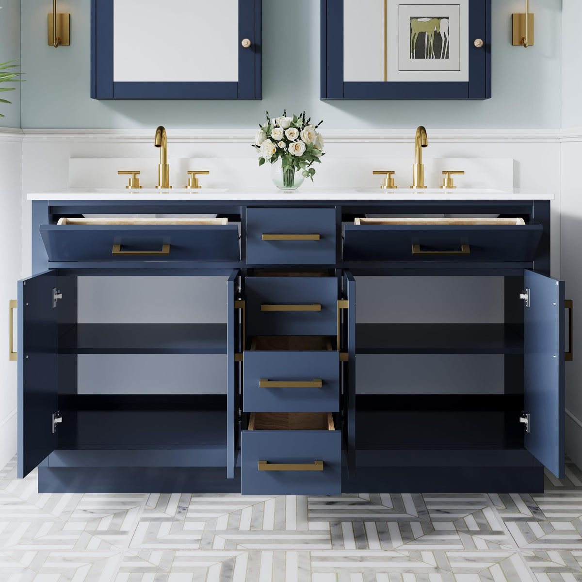 WELLFOR 36-Inch Bathroom Vanity with Sink W/ 2 Doors & 4 Drawers & 1 Flip Drawer,Navy Blue Vanity W/Matte Black Handles