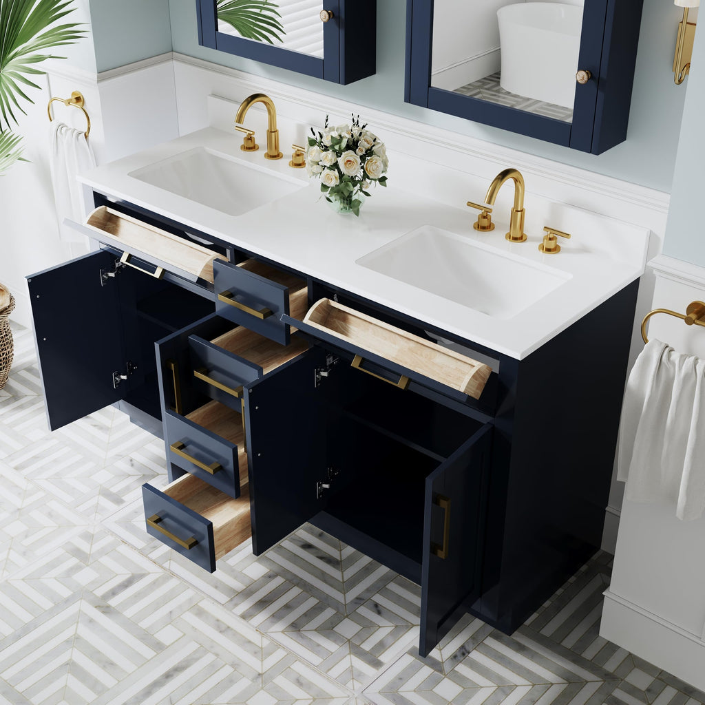 WELLFOR 36-Inch Bathroom Vanity with Sink W/ 2 Doors & 4 Drawers & 1 Flip Drawer,Navy Blue Vanity W/Matte Black Handles