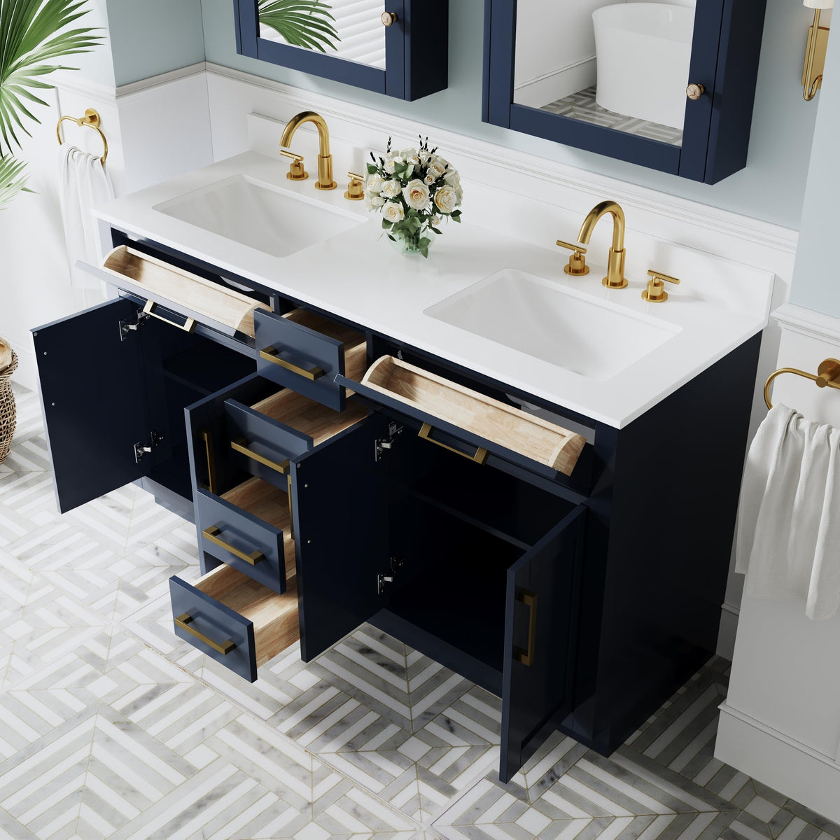 WELLFOR 36-Inch Bathroom Vanity with Sink W/ 2 Doors & 4 Drawers & 1 Flip Drawer,Navy Blue Vanity W/Matte Black Handles