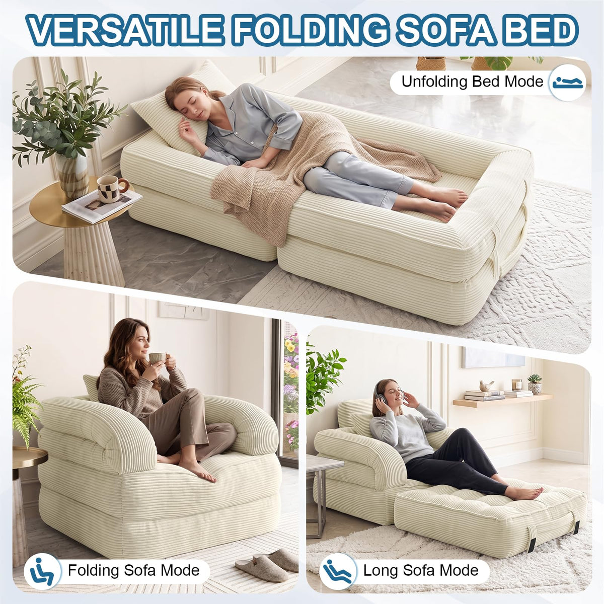 Folding Sofa Bed, Convertible Sleeper Chair with Armrests, Corduroy Foldable Boneless Bed, 3-in-1 Portable Futon Couch Floor Sofa with Pillow for Bedroom, Living Room, Orange