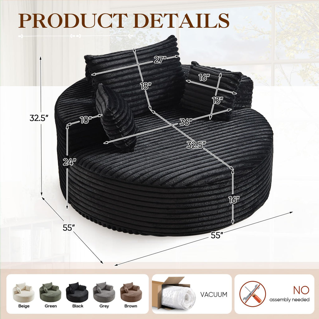 Oversized Round Chaise Longue Chair Indoor, Modern 55-inch Upholstered Corduroy Deep Seat Circle Single Cloud Lounge Floor Sofa Chair for Living Room, Bedroom Apartment, Beige