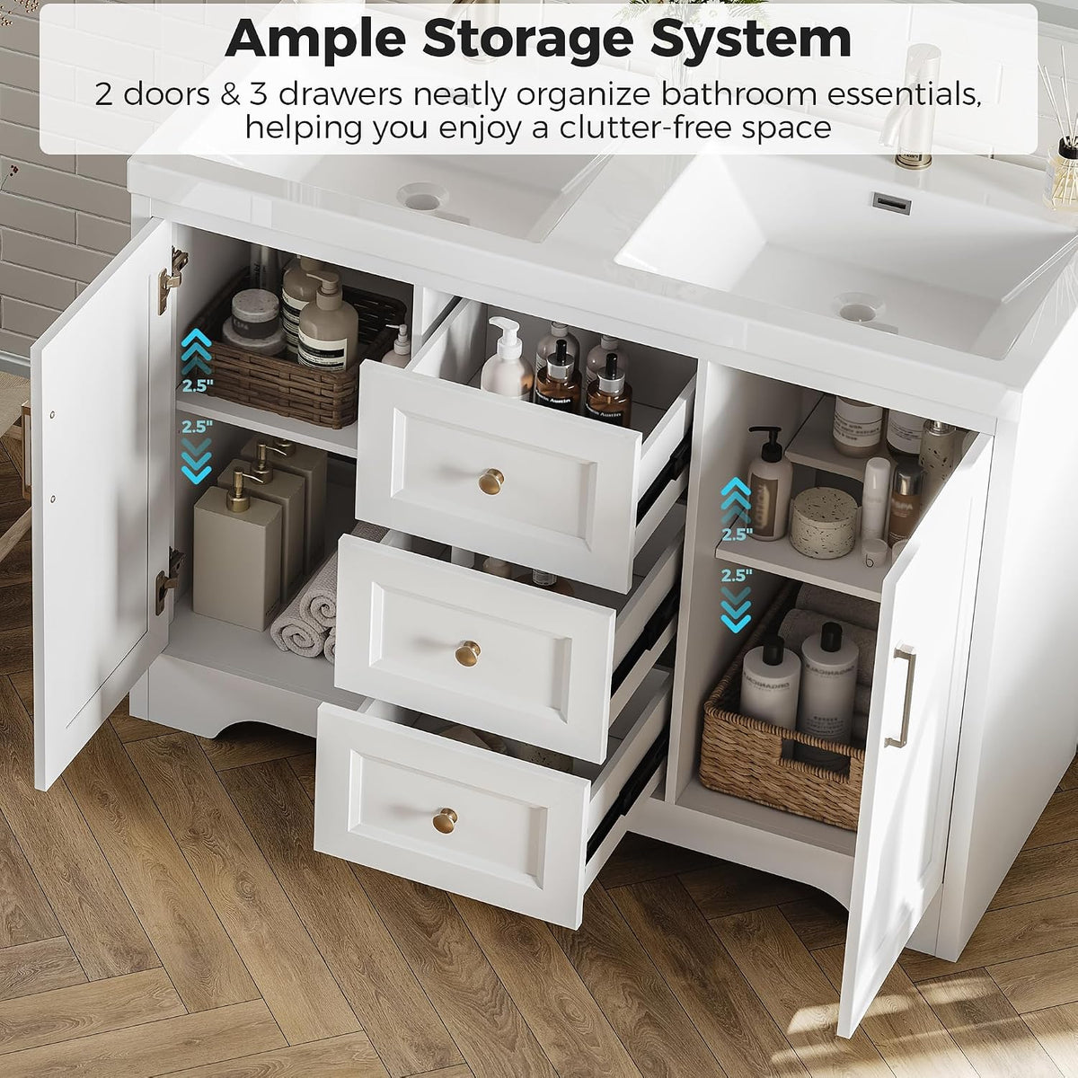 LIKIMIO 47.2" Bathroom Vanity with Sink, 3 Drawers & 2 Doors, White