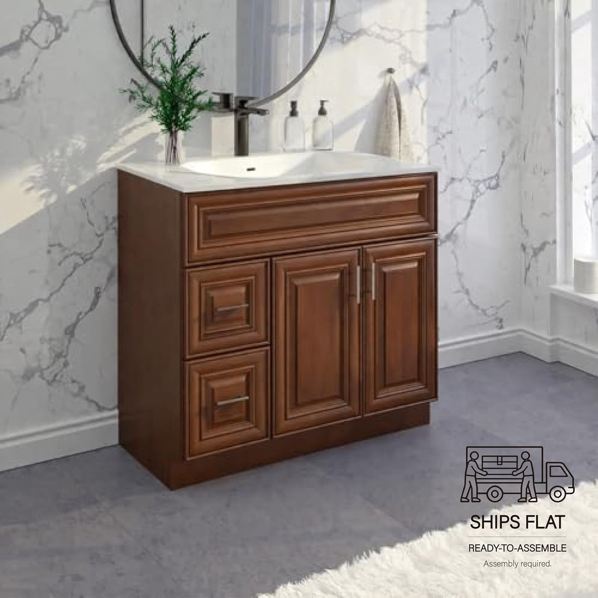36" Maple Walnut Bathroom Vanity Base â Ready-to-Assemble Sink Cabinet with Drawers, Shaker Style Storage, Base Only, No Top or Sink